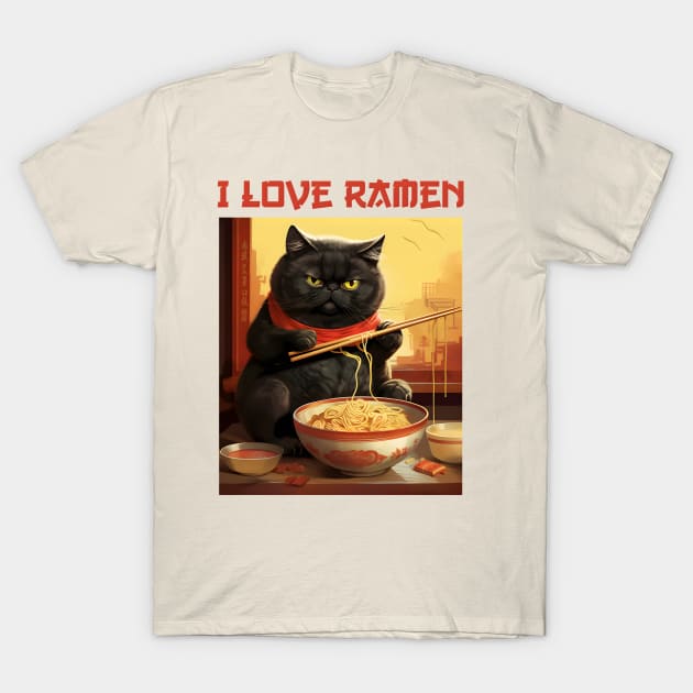 Quirky Chubby Kitty Cat Eating Ramen - I Love Ramen T-Shirt by KittyStampedeCo